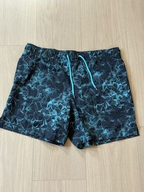 Black Swim Trunks with Teal Geometric Print